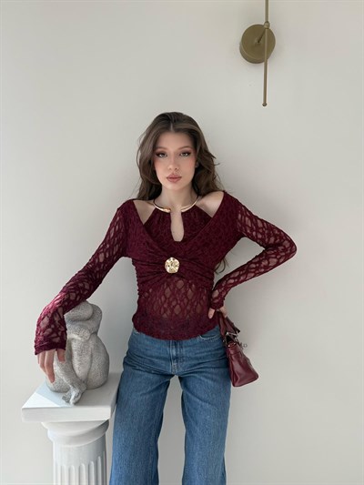 Boyun Aksesuar Detay Dantel Bluz Bordo 2112