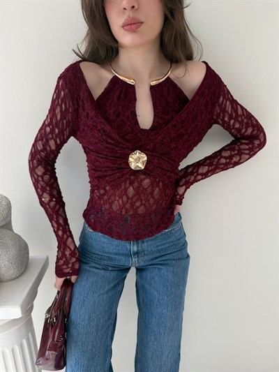 Boyun Aksesuar Detay Dantel Bluz Bordo 2112