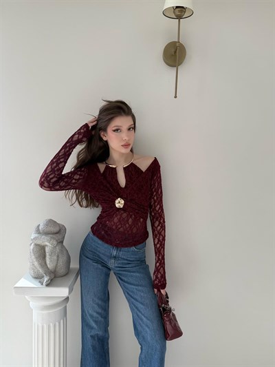 Boyun Aksesuar Detay Dantel Bluz Bordo 2112