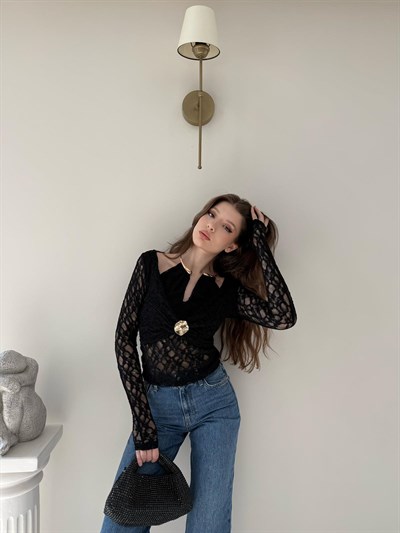 Boyun Aksesuar Detay Dantel Bluz Siyah 2112