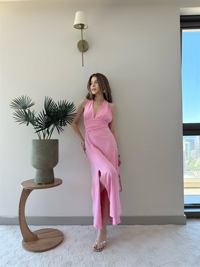 Boyun ve Bel Bağlama Detay Yırtmaçlı Modal Elbise Pembe 2347