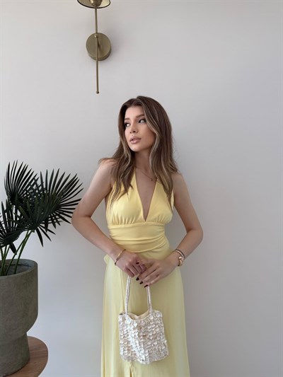Boyun ve Bel Bağlama Detay Yırtmaçlı Modal Elbise Sarı 2347
