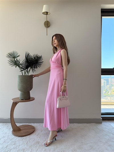 Boyun ve Bel Bağlama Detay Yırtmaçlı Modal Elbise Pembe 2347