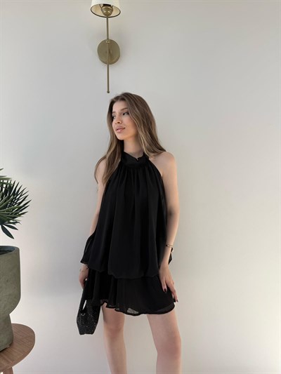 Boyundan Bağlamalı İç Astarlı Şortlu Şifon Elbise Siyah 2279