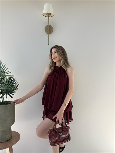 Boyundan Bağlamalı İç Astarlı Şortlu Şifon Elbise Bordo 2279