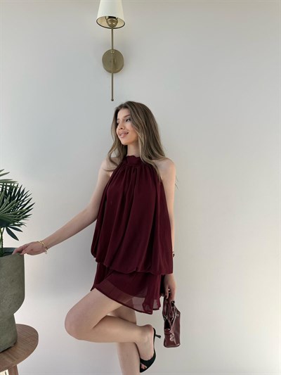 Boyundan Bağlamalı İç Astarlı Şortlu Şifon Elbise Bordo 2279