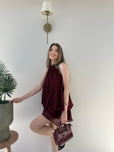 Boyundan Bağlamalı İç Astarlı Şortlu Şifon Elbise Bordo 2279