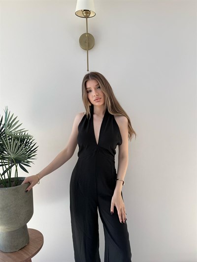 Boyundan Bağlamali Keten Tulum Siyah 2285