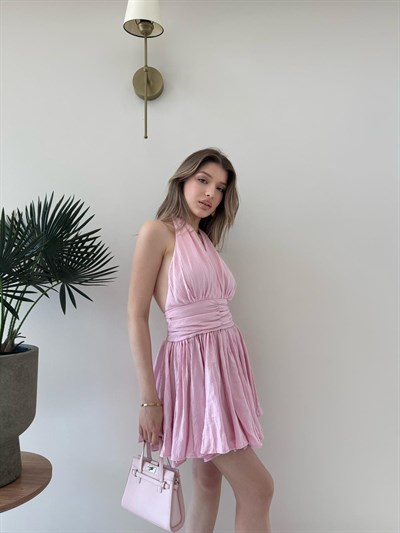 Boyundan Bağlamalı Kloş Etek Tensel Kumaş Elbise Pembe 2297