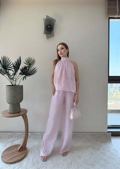 Boyundan Bağlamalı Salaş Bluz ve Pantolonlu İkili Keten Takım Pembe 2362