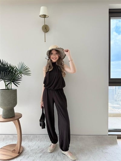 Boyundan Bağlamalı Sırt Dekolte Detay Bluz ve Pantolonlu Gofre Takım Acı Kahve 2162