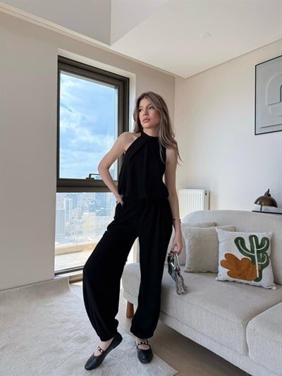 Boyundan Bağlamalı Sırt Dekolte Detay Bluz ve Pantolonlu Gofre Takım Siyah 2162