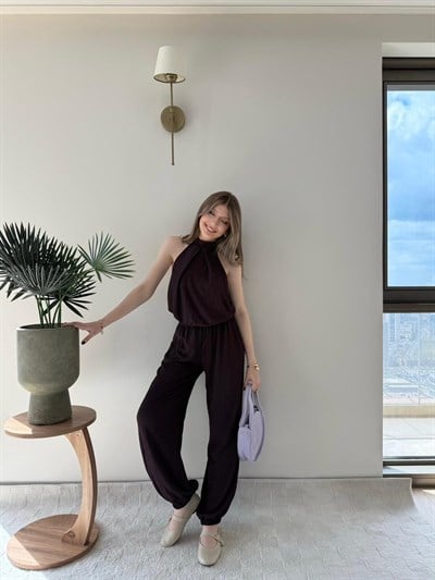 Boyundan Bağlamalı Sırt Dekolte Detay Bluz ve Pantolonlu Gofre Takım Mor 2162