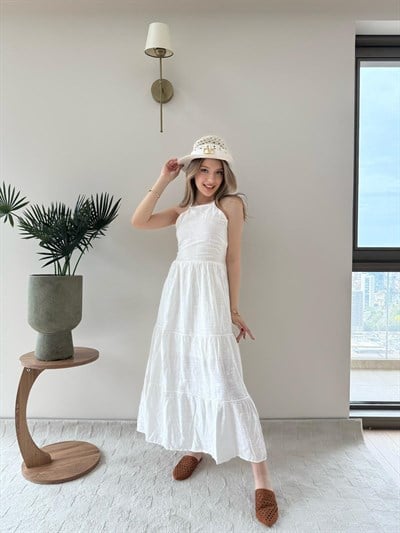 Boyundan Bağlamalı Sırt Gipe Detay Uzun Keten Elbise Beyaz 2217