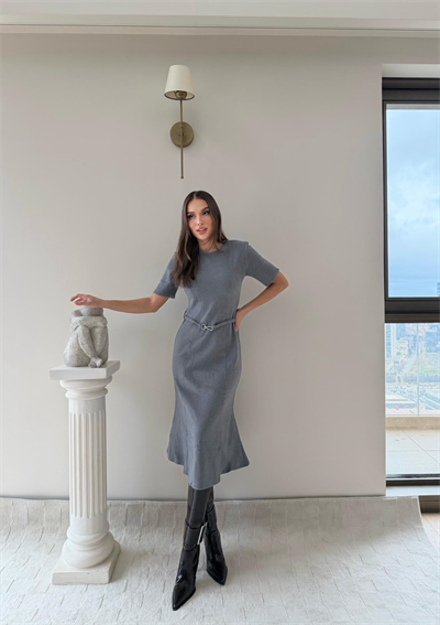 Çan Etek Detay Selanik Elbise Gri 2029