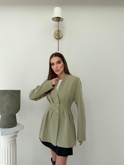 Dört Düğme Detay Bel Drapeli Uzun Blazer Ceket Haki 2082