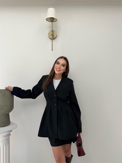 Dört Düğme Detay Bel Drapeli Uzun Blazer Ceket Siyah 2082