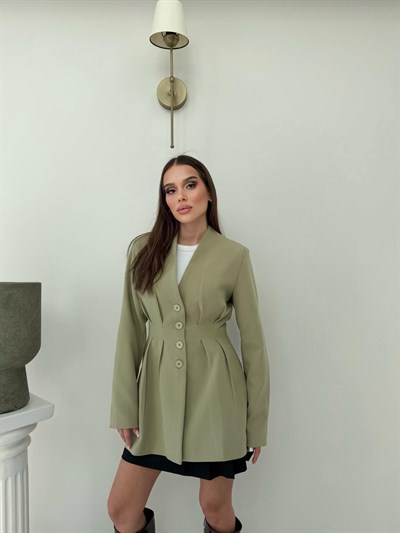 Dört Düğme Detay Bel Drapeli Uzun Blazer Ceket Haki 2082