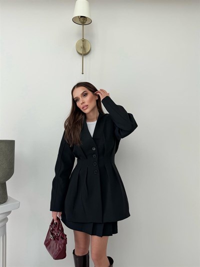 Dört Düğme Detay Bel Drapeli Uzun Blazer Ceket Siyah 2082