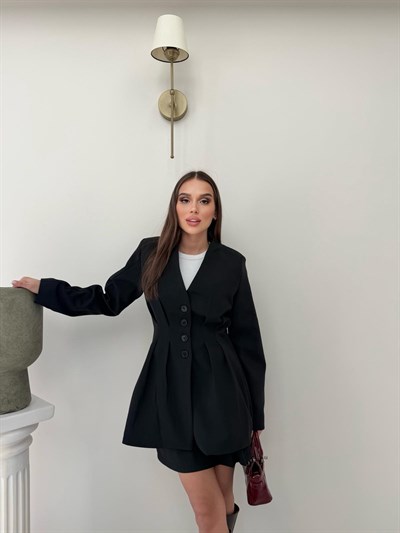 Dört Düğme Detay Bel Drapeli Uzun Blazer Ceket Siyah 2082