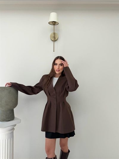 Dört Düğme Detay Bel Drapeli Uzun Blazer Ceket Kahverengi 2082