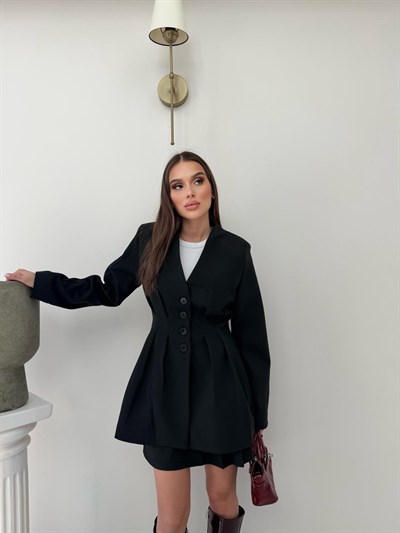 Dört Düğme Detay Bel Drapeli Uzun Blazer Ceket Siyah 2082