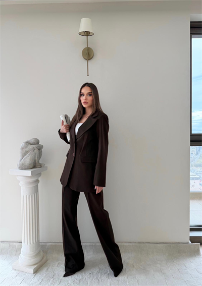 Çift Düğme Detay Blazer Ceket Ve Palazzo Pantolonlu İkili Kumaş Takım Kahve 2059