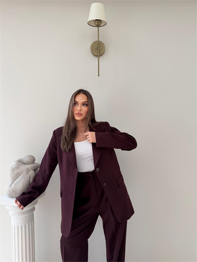 Çift Düğme Detay Blazer Ceket Ve Palazzo Pantolonlu İkili Kumaş Takım Mürdüm 2059