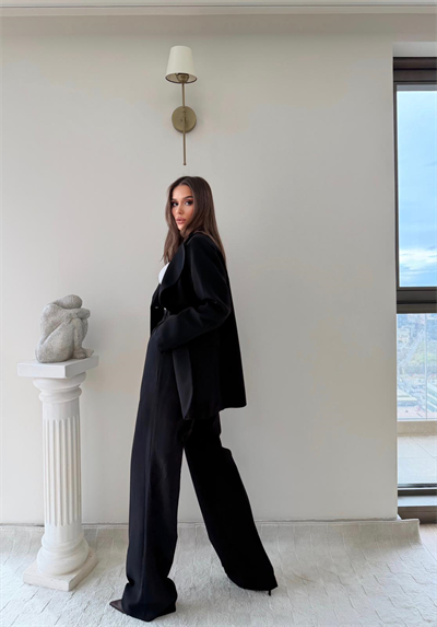 Çift Düğme Detay Blazer Ceket Ve Palazzo Pantolonlu İkili Kumaş Takım Siyah 2059