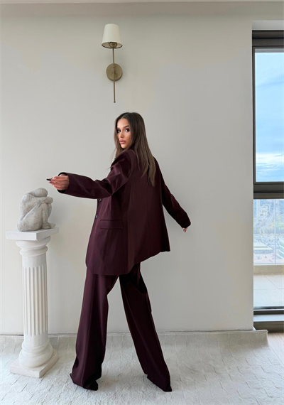 Çift Düğme Detay Blazer Ceket Ve Palazzo Pantolonlu İkili Kumaş Takım Mürdüm 2059