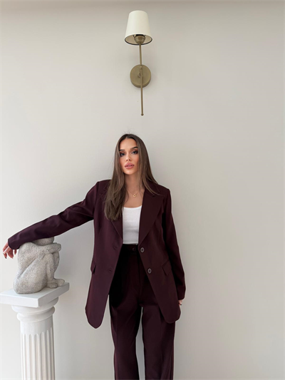 Çift Düğme Detay Blazer Ceket Ve Palazzo Pantolonlu İkili Kumaş Takım Mürdüm 2059
