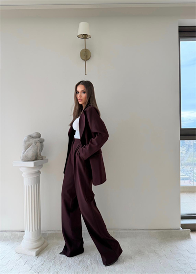 Çift Düğme Detay Blazer Ceket Ve Palazzo Pantolonlu İkili Kumaş Takım Mürdüm 2059