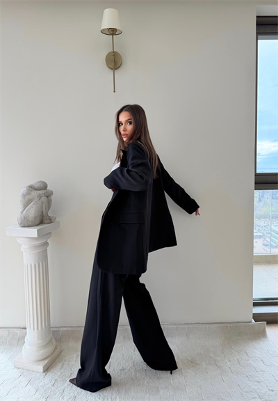 Çift Düğme Detay Blazer Ceket Ve Palazzo Pantolonlu İkili Kumaş Takım Siyah 2059