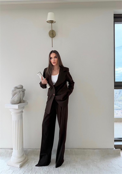 Çift Düğme Detay Blazer Ceket Ve Palazzo Pantolonlu İkili Kumaş Takım Kahve 2059