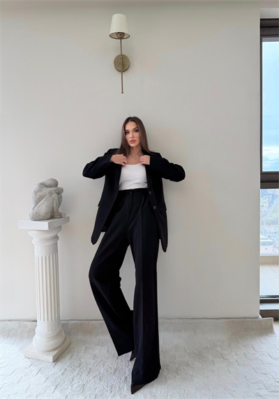 Çift Düğme Detay Blazer Ceket Ve Palazzo Pantolonlu İkili Kumaş Takım Siyah 2059