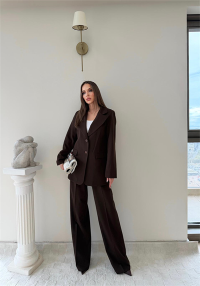 Çift Düğme Detay Blazer Ceket Ve Palazzo Pantolonlu İkili Kumaş Takım Kahve 2059