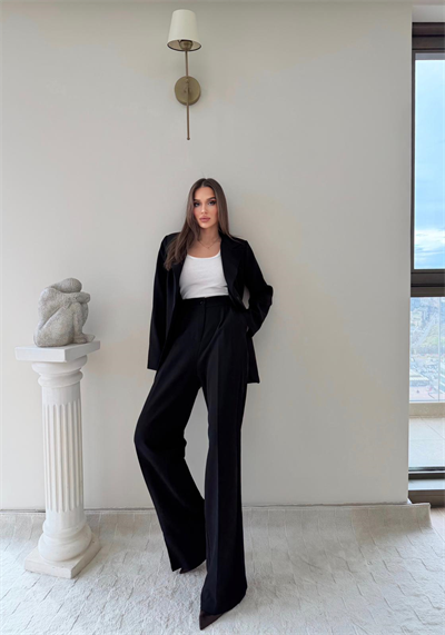 Çift Düğme Detay Blazer Ceket Ve Palazzo Pantolonlu İkili Kumaş Takım Siyah 2059