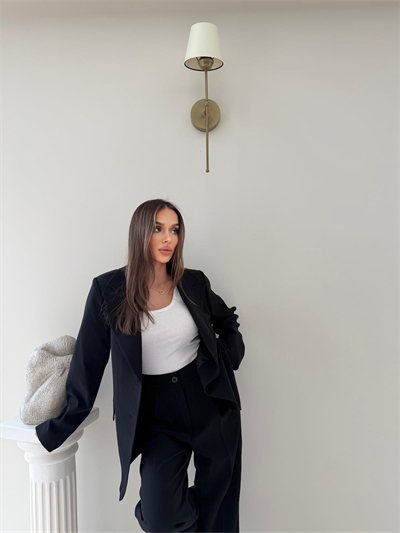Çift Düğme Detay Blazer Ceket Ve Palazzo Pantolonlu İkili Kumaş Takım Siyah 2059