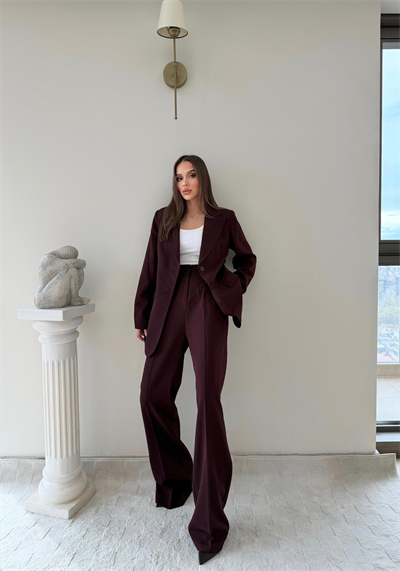 Çift Düğme Detay Blazer Ceket Ve Palazzo Pantolonlu İkili Kumaş Takım Mürdüm 2059