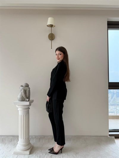Çift Düğme Detay Pensli Blazer Ceket Ve Pantolonlu İkili Kumaş Takım Siyah 2105
