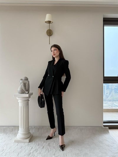 Çift Düğme Detay Pensli Blazer Ceket Ve Pantolonlu İkili Kumaş Takım Siyah 2105