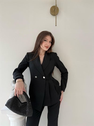 Çift Düğme Detay Pensli Blazer Ceket Ve Pantolonlu İkili Kumaş Takım Siyah 2105
