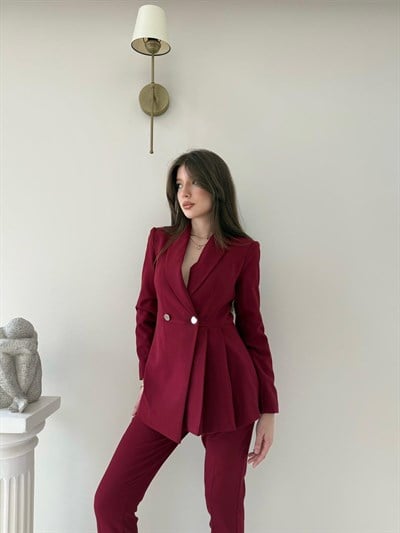 Çift Düğme Detay Pensli Blazer Ceket Ve Pantolonlu İkili Kumaş Takım Bordo 2105