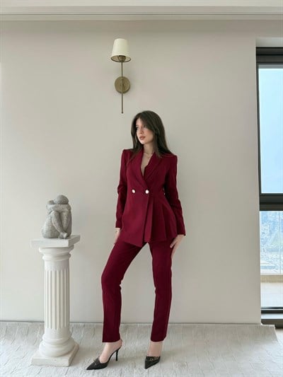 Çift Düğme Detay Pensli Blazer Ceket Ve Pantolonlu İkili Kumaş Takım Bordo 2105