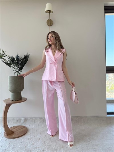 Çift Düğme Detay Yelek ve Pantolonlu Tensel Kumaş İkili Takım Pembe 2242