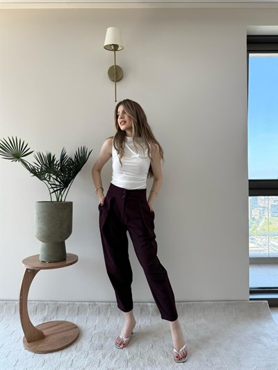 Çift Düğme Ön Pile Detay Havuç Double Pantolon Mürdüm 2234