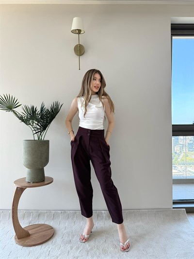 Çift Düğme Ön Pile Detay Havuç Double Pantolon Mürdüm 2234