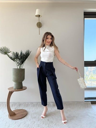 Çift Düğme Ön Pile Detay Havuç Double Pantolon Lacivert 2218