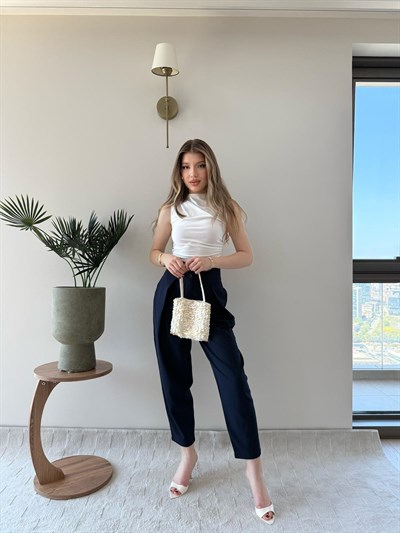 Çift Düğme Ön Pile Detay Havuç Double Pantolon Lacivert 2234