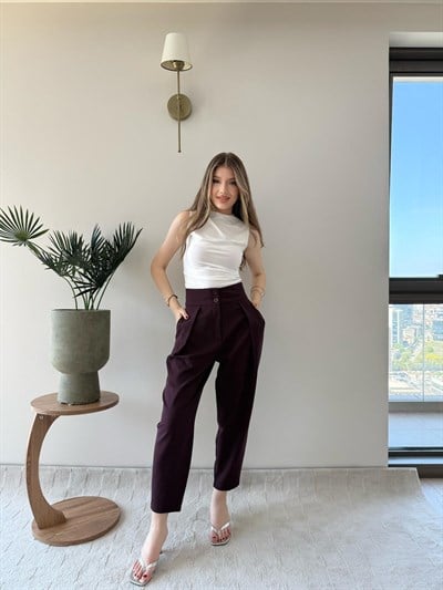 Çift Düğme Ön Pile Detay Havuç Double Pantolon Mürdüm 2218